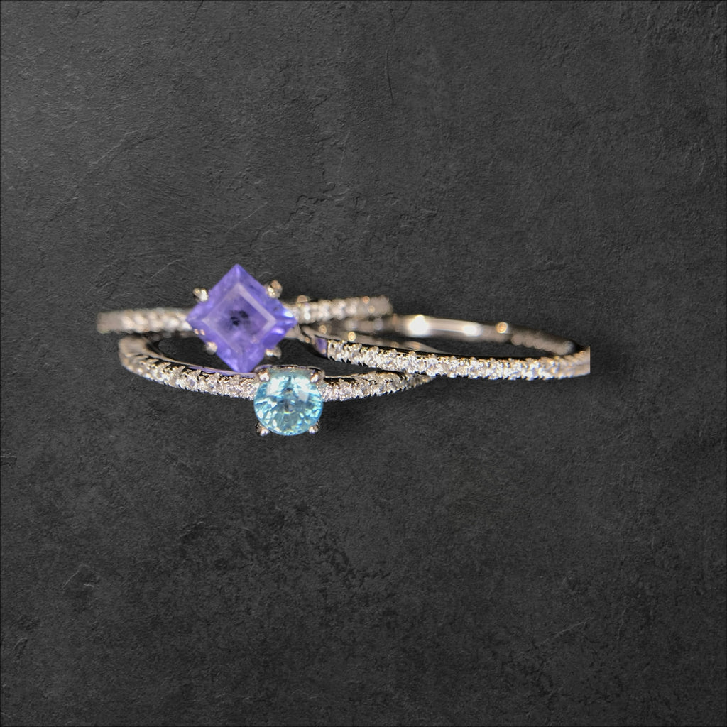 Luxury Stack: Tanzanite & Natural Blue Zircon 3-Ring Set in 925 Silver with CZ Accent Bands