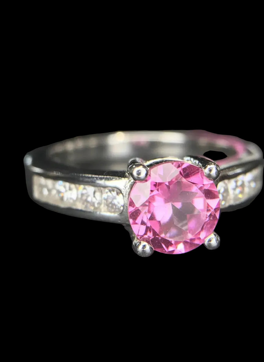 Vivid Pink: Natural Pink Topaz Solitaire Ring in 925 Silver with CZ Channel Accents