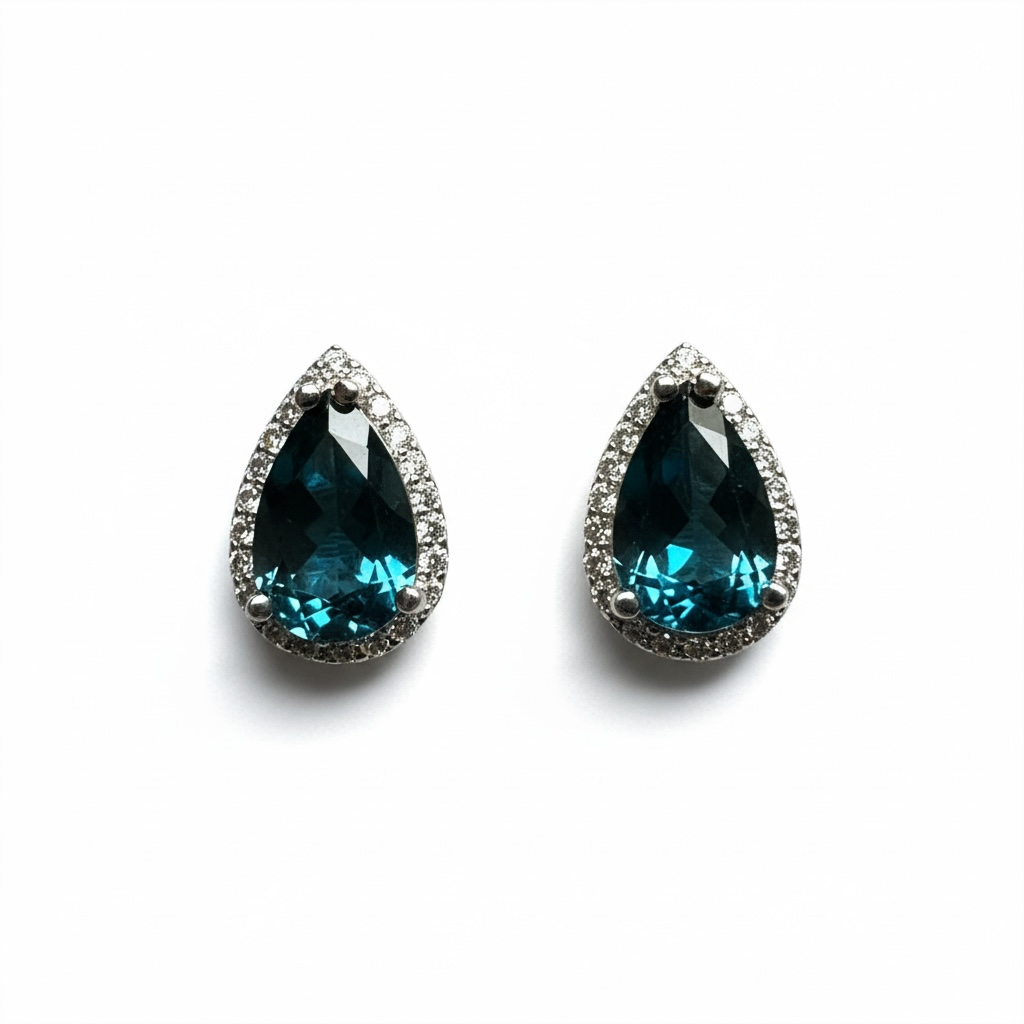 Deep Ocean Brilliance: Natural London Blue Topaz Halo Stud Earrings in 925 Silver