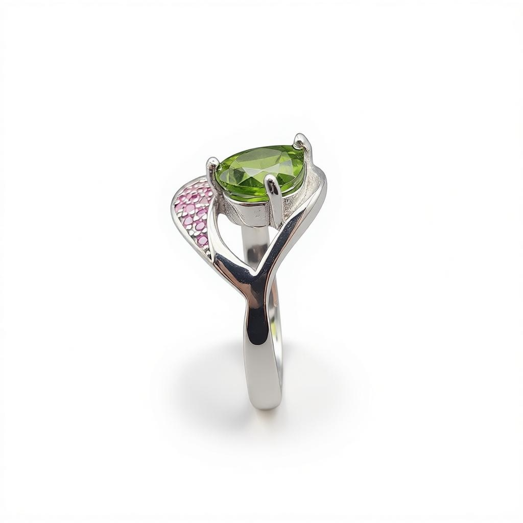Natural Green Tourmaline Ring - Pear Cut Olive Green with Pink CZ Accents in Sterling Silver