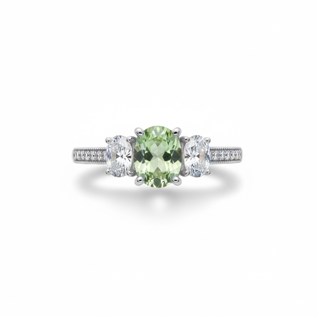 Pastel Elegance: Natural Green Tourmaline & CZ Three-Stone Ring in 925 Sterling Silver