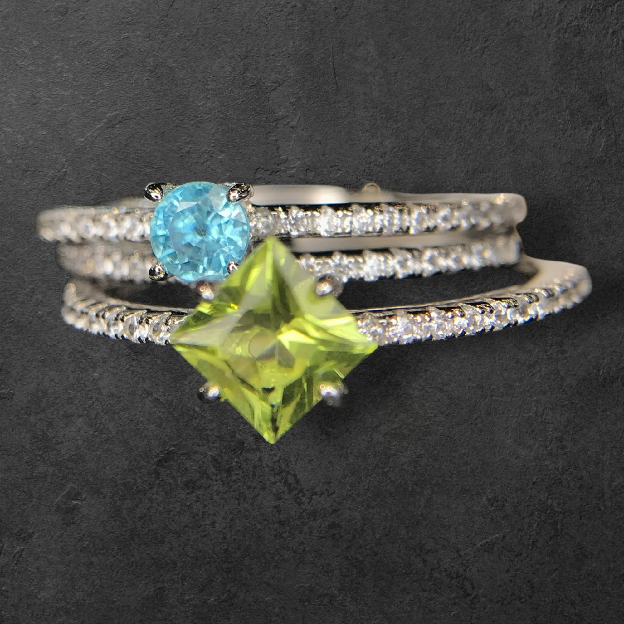 Stackable Brilliance: Peridot & Blue Zircon 3-Ring Set in 925 Silver with CZ Bands