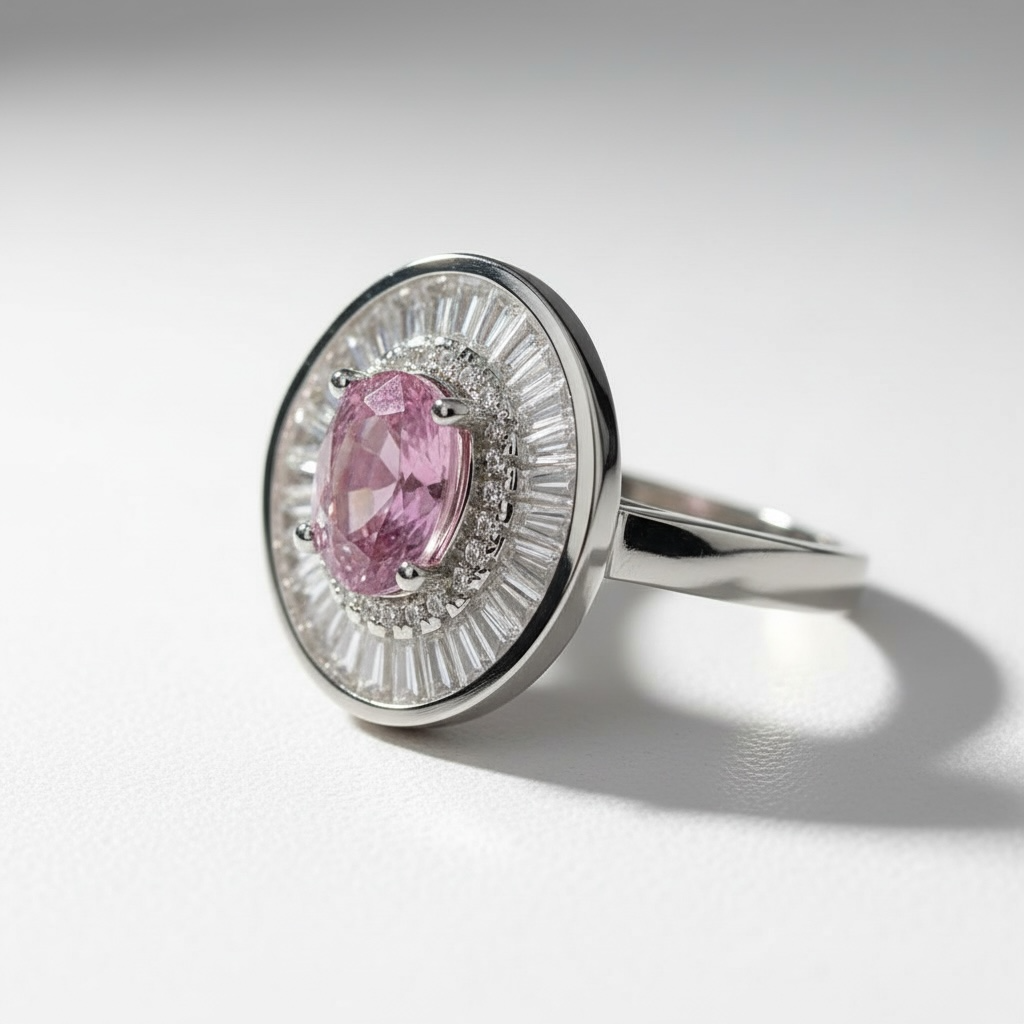 Natural Pink Tourmaline Ring - Oval Cut Soft Pink with CZ Baguette Halo in Sterling Silver