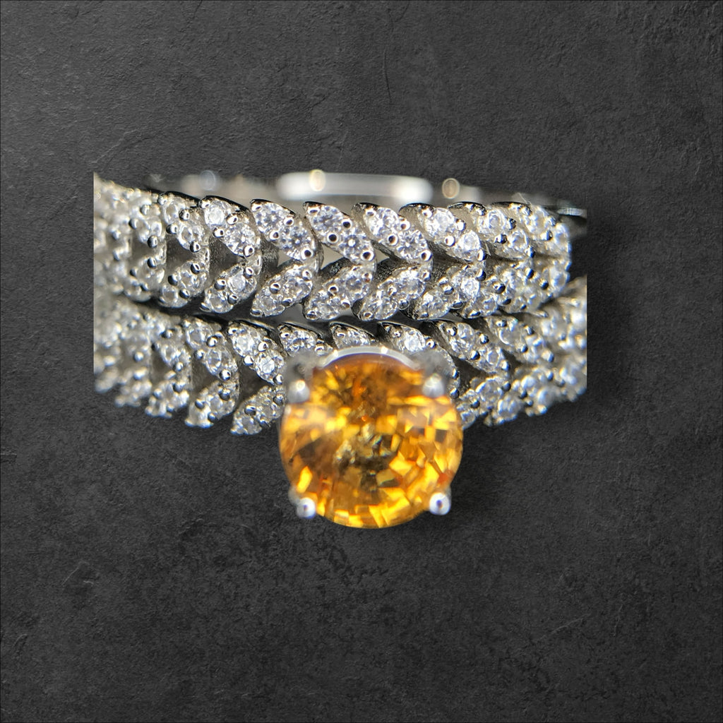Golden Sunrise: Natural Orange Yellow Sapphire & CZ Pave Wrap 2-Ring Set in 925 Silver