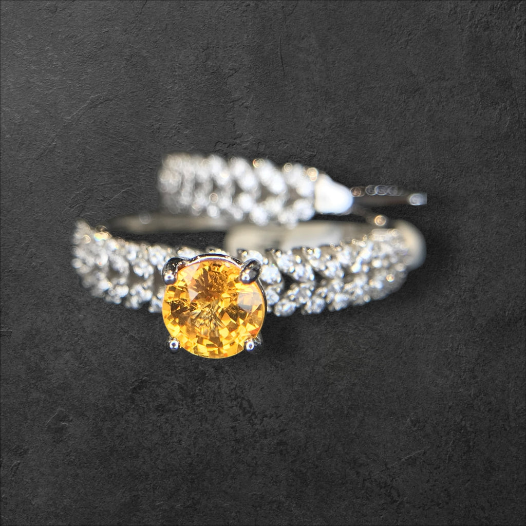 Golden Sunrise: Natural Orange Yellow Sapphire & CZ Pave Wrap 2-Ring Set in 925 Silver