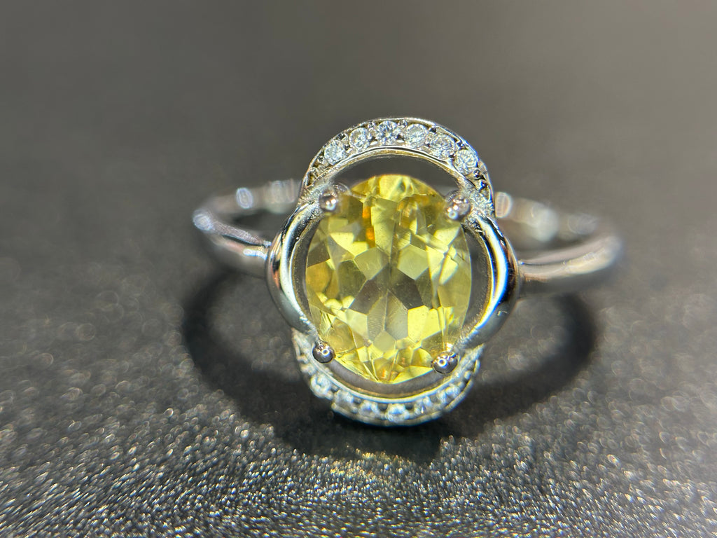 Natural Citrine Ring - Oval Golden Yellow with CZ Halo in Sterling Silver