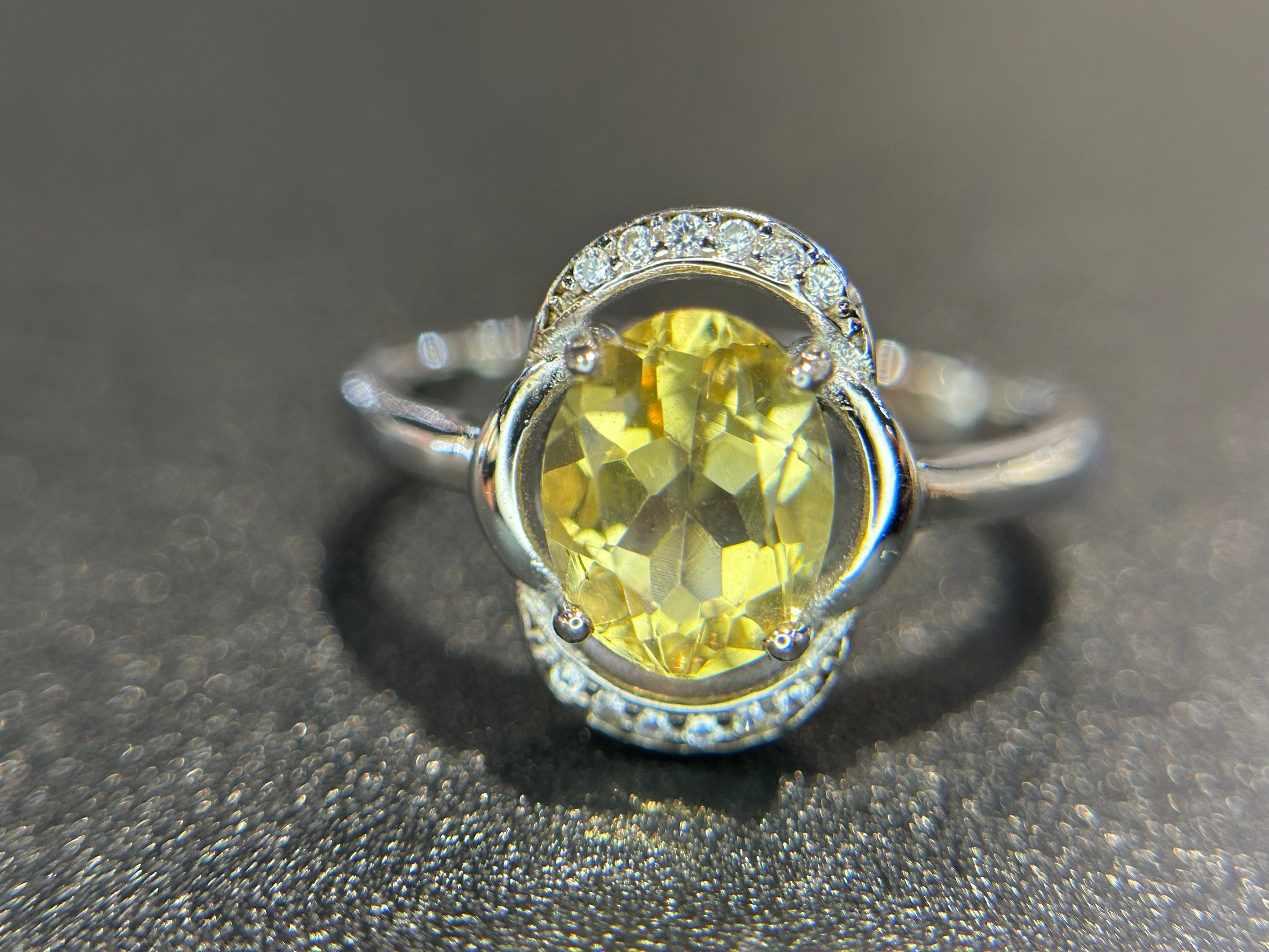 Natural Citrine Ring - Oval Golden Yellow with CZ Halo in Sterling Silver