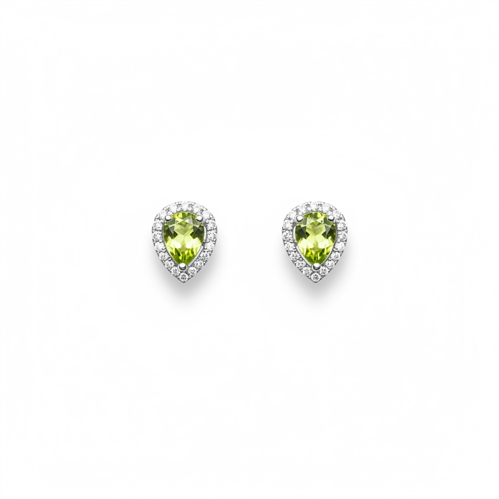 Vivid Sparkle: Natural Peridot Pear Halo Stud Earrings in 925 Silver with CZ Accents