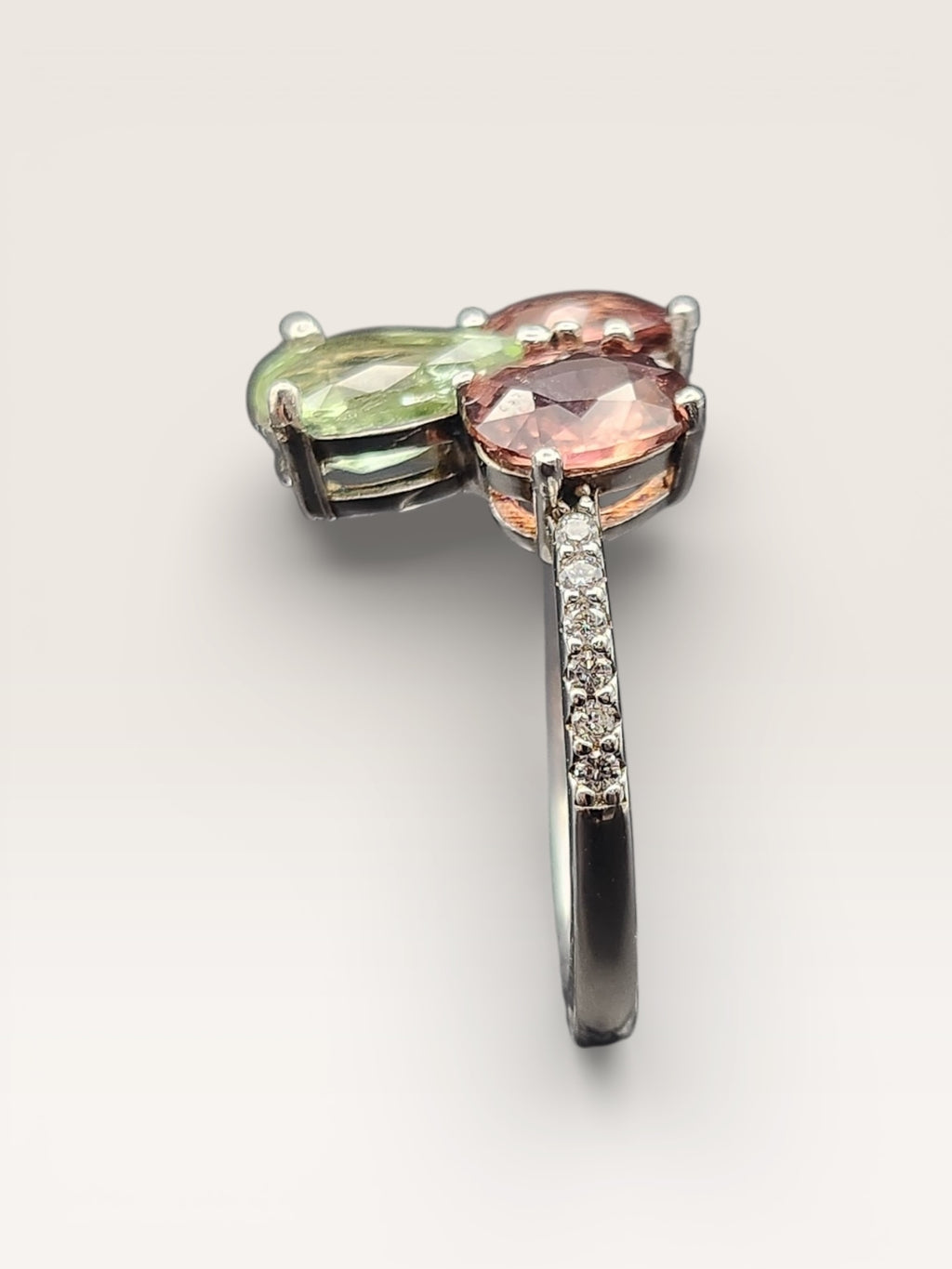 Natural Multi-Color Tourmaline Toi et Moi Ring - Pink and Green Pear/Oval Stones with CZ Accents in Sterling Silver