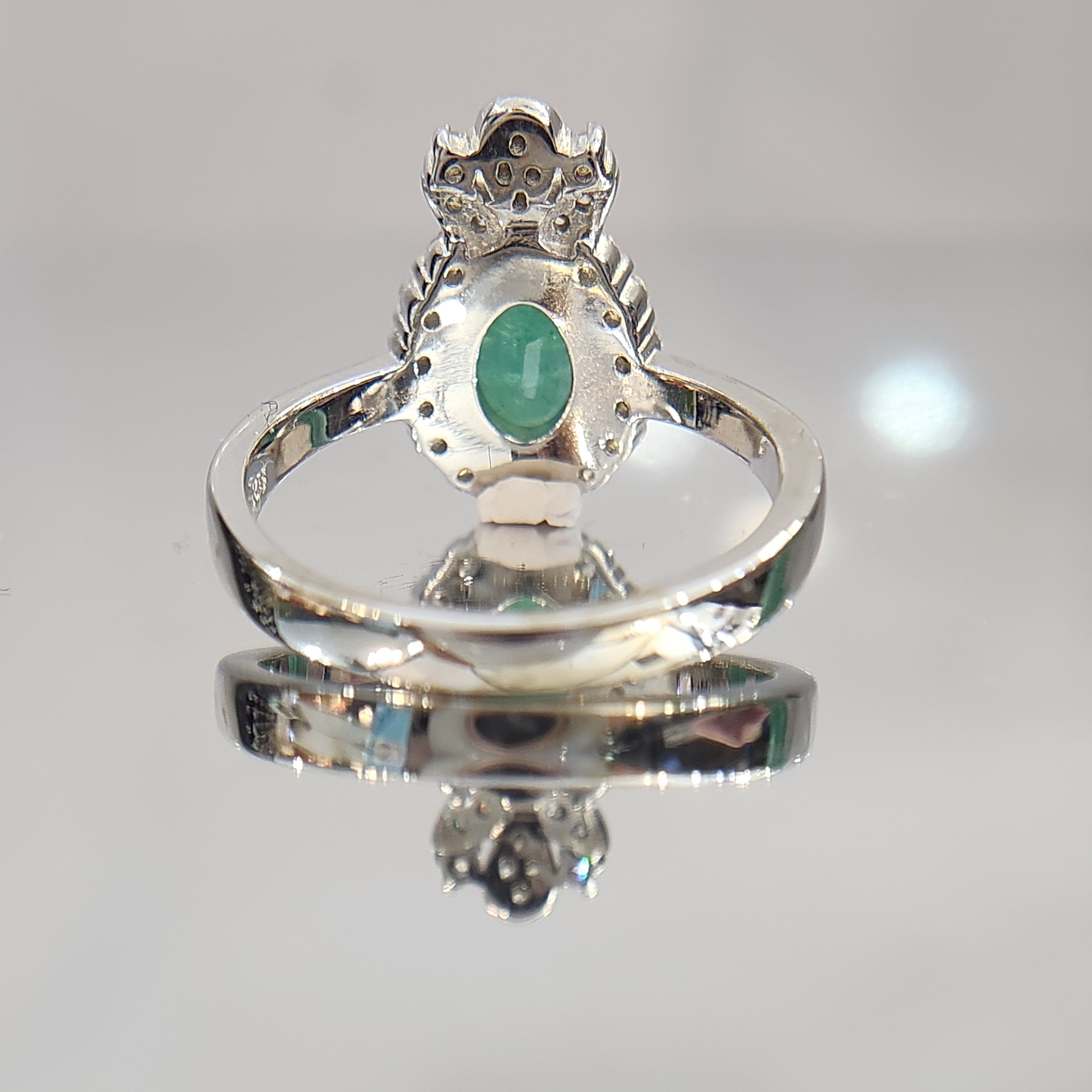 Natural Emerald Ring - Oval Cut Rich Green with CZ Halo and Floral Accents in Sterling Silver