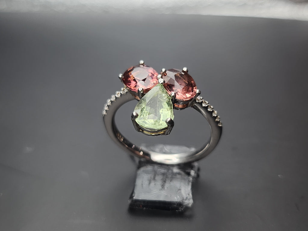 Natural Multi-Color Tourmaline Toi et Moi Ring - Pink and Green Pear/Oval Stones with CZ Accents in Sterling Silver