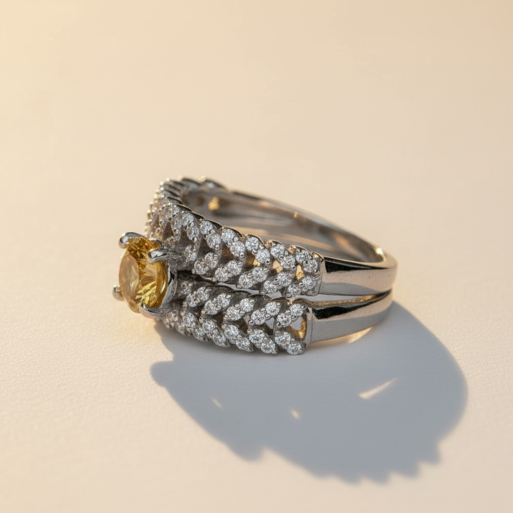 Golden Sunrise: Natural Orange Yellow Sapphire & CZ Pave Wrap 2-Ring Set in 925 Silver