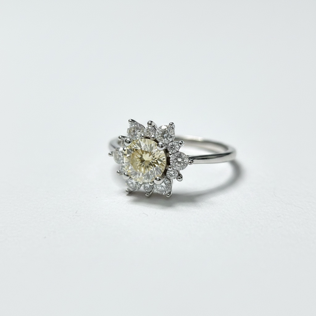 Champagne Moissanite Ring - Floral Cluster with CZ Halo in Sterling Silver