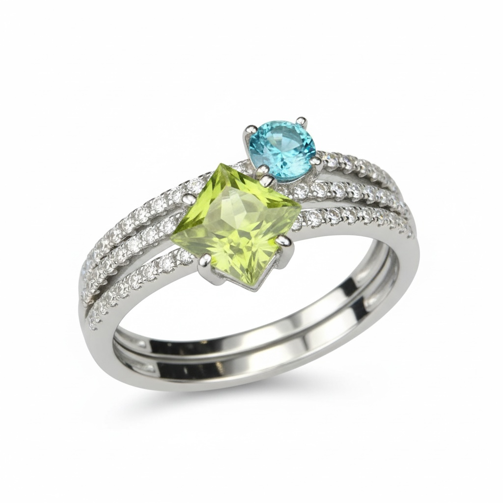 Stackable Brilliance: Peridot & Blue Zircon 3-Ring Set in 925 Silver with CZ Bands