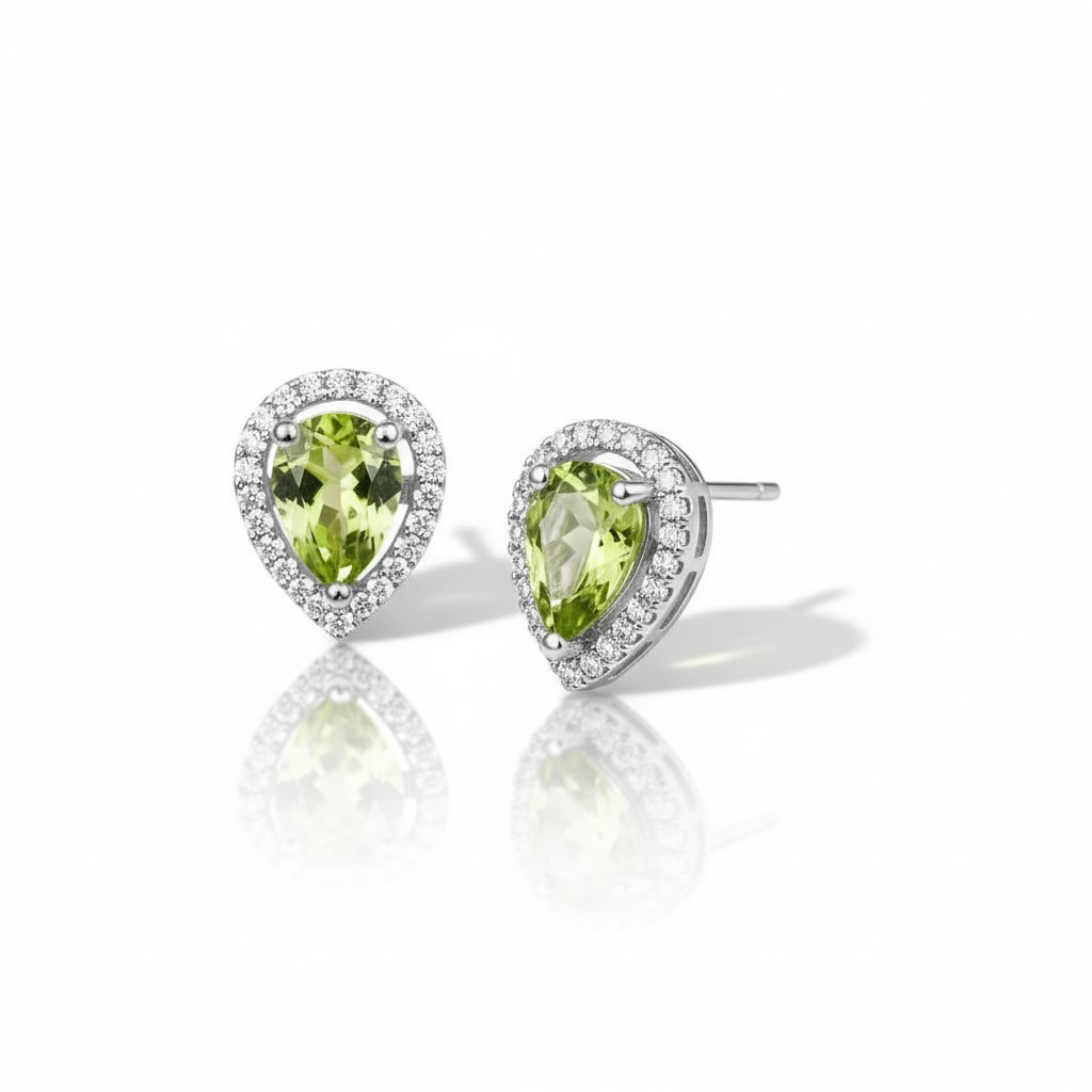 Vivid Sparkle: Natural Peridot Pear Halo Stud Earrings in 925 Silver with CZ Accents