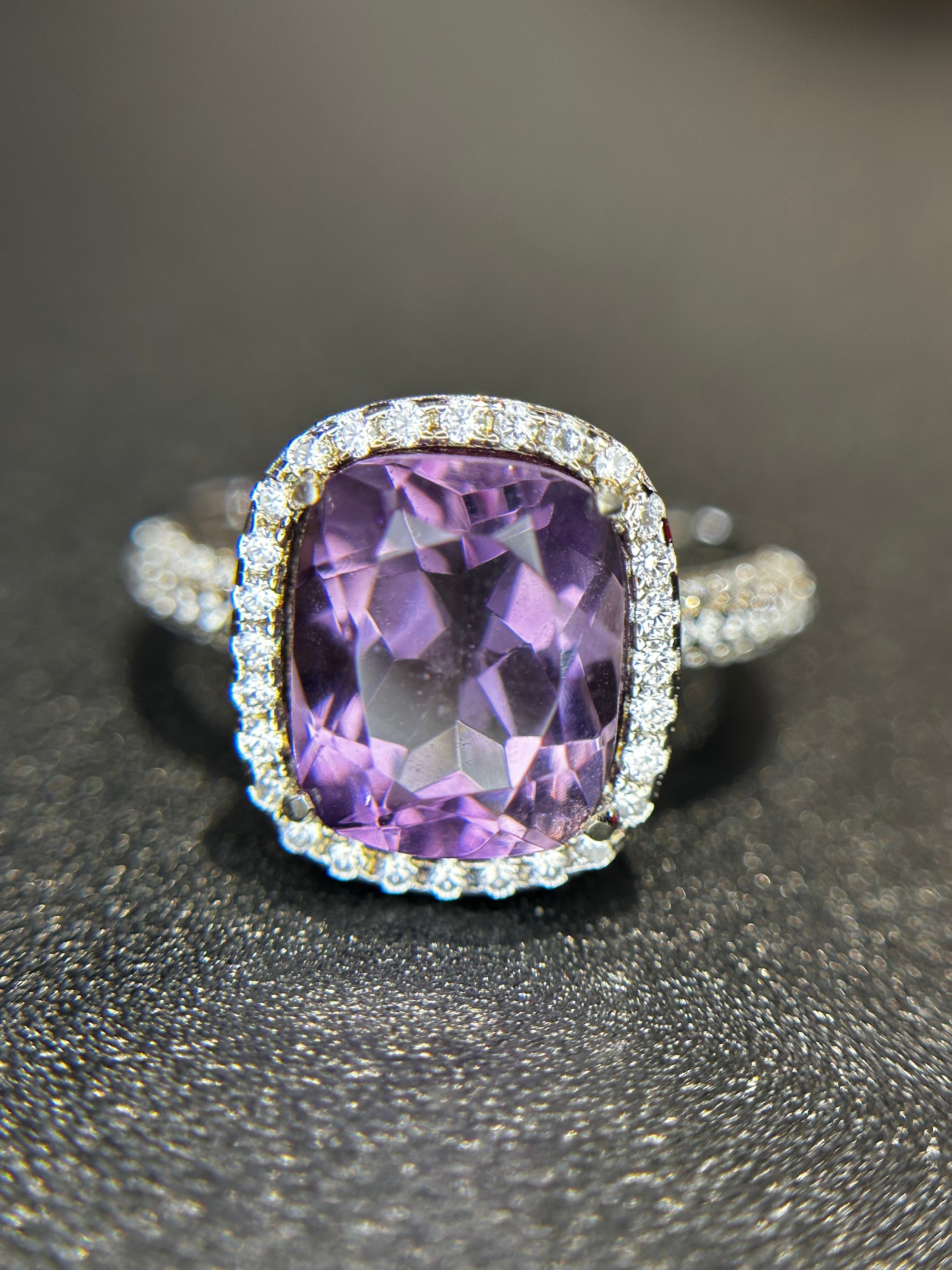 Natural Amethyst Ring - Cushion Cut Purple Gemstone with CZ Halo in Sterling Silver