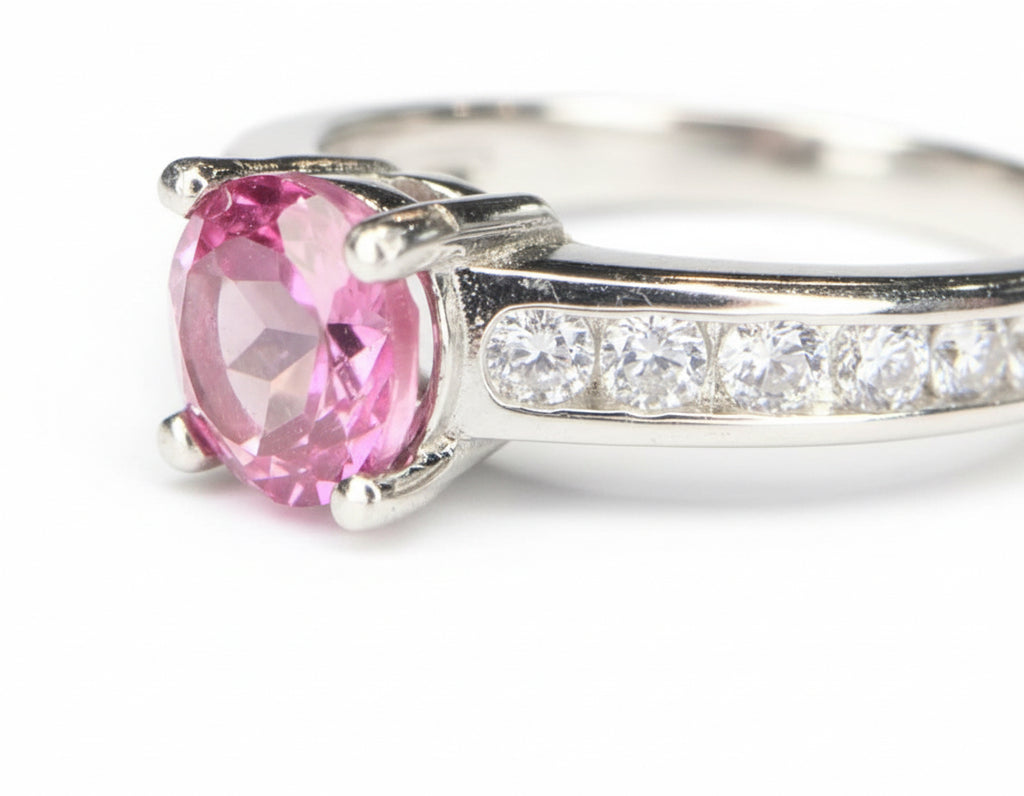 Vivid Pink: Natural Pink Topaz Solitaire Ring in 925 Silver with CZ Channel Accents