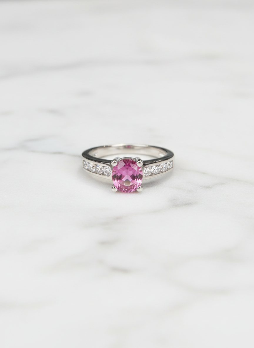 Vivid Pink: Natural Pink Topaz Solitaire Ring in 925 Silver with CZ Channel Accents