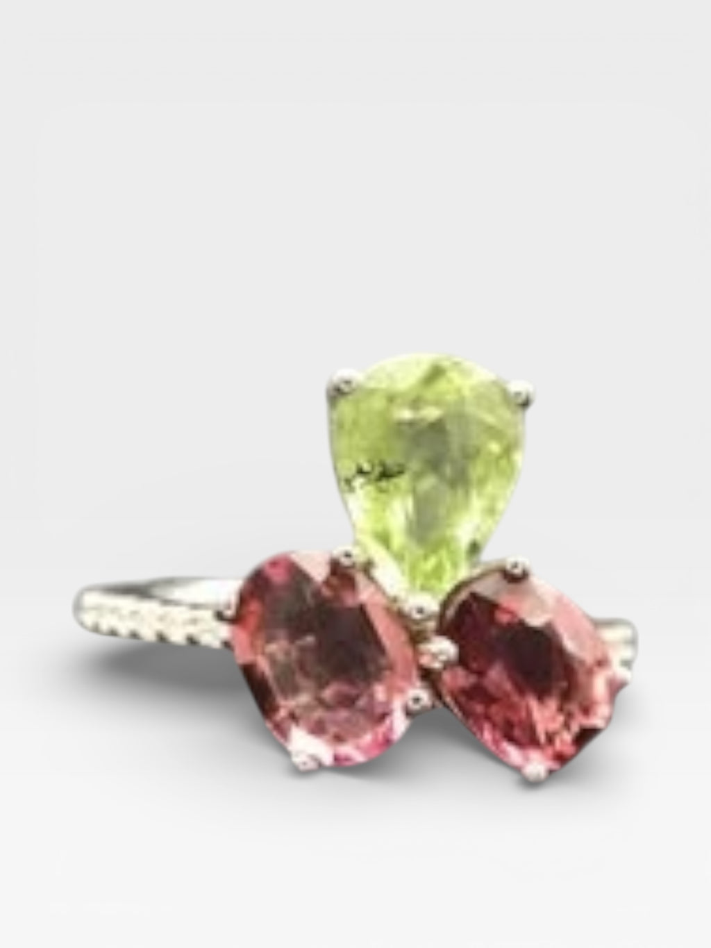 Natural Multi-Color Tourmaline Toi et Moi Ring - Pink and Green Pear/Oval Stones with CZ Accents in Sterling Silver