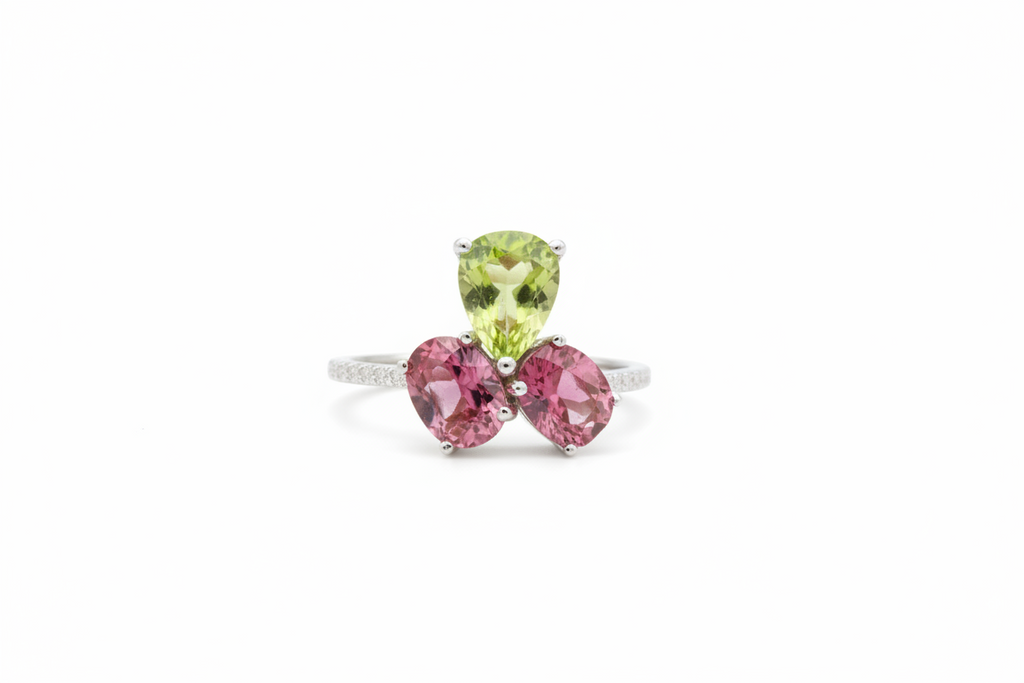 Natural Multi-Color Tourmaline Toi et Moi Ring - Pink and Green Pear/Oval Stones with CZ Accents in Sterling Silver