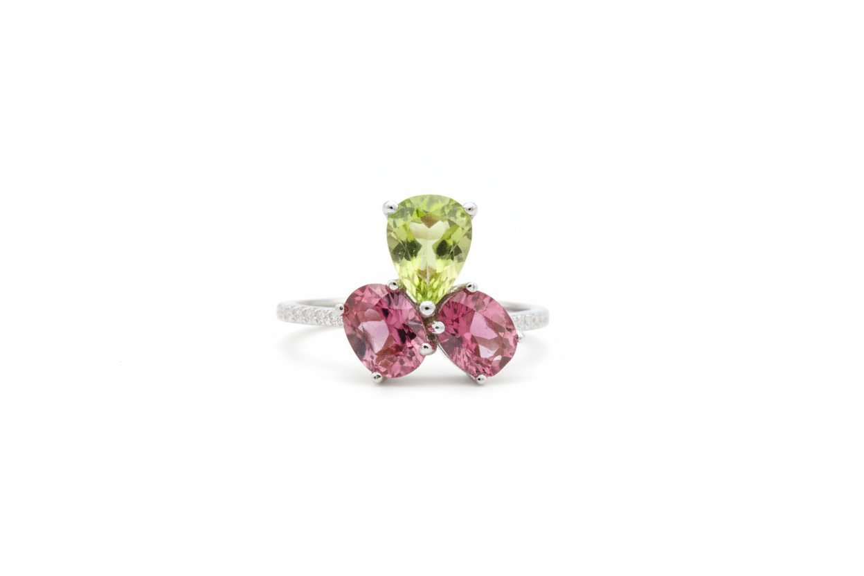 Natural Multi-Color Tourmaline Toi et Moi Ring - Pink and Green Pear/Oval Stones with CZ Accents in Sterling Silver