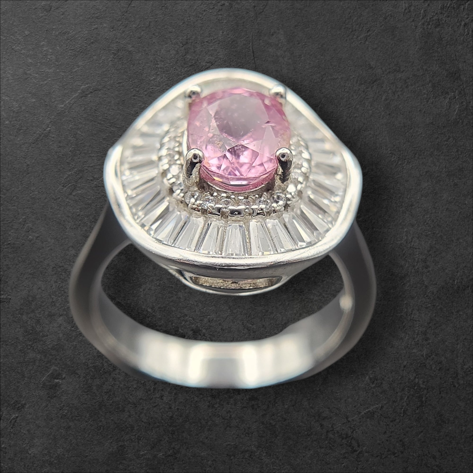 Natural Pink Tourmaline Ring - Oval Cut Soft Pink with CZ Baguette Halo in Sterling Silver