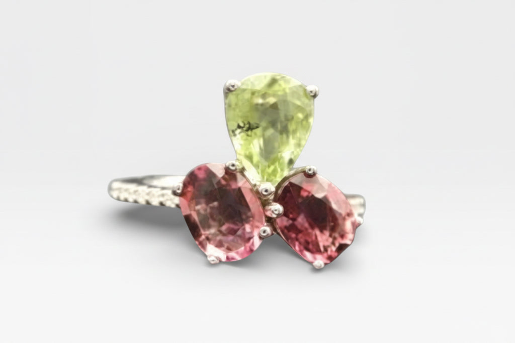 Natural Multi-Color Tourmaline Toi et Moi Ring - Pink and Green Pear/Oval Stones with CZ Accents in Sterling Silver