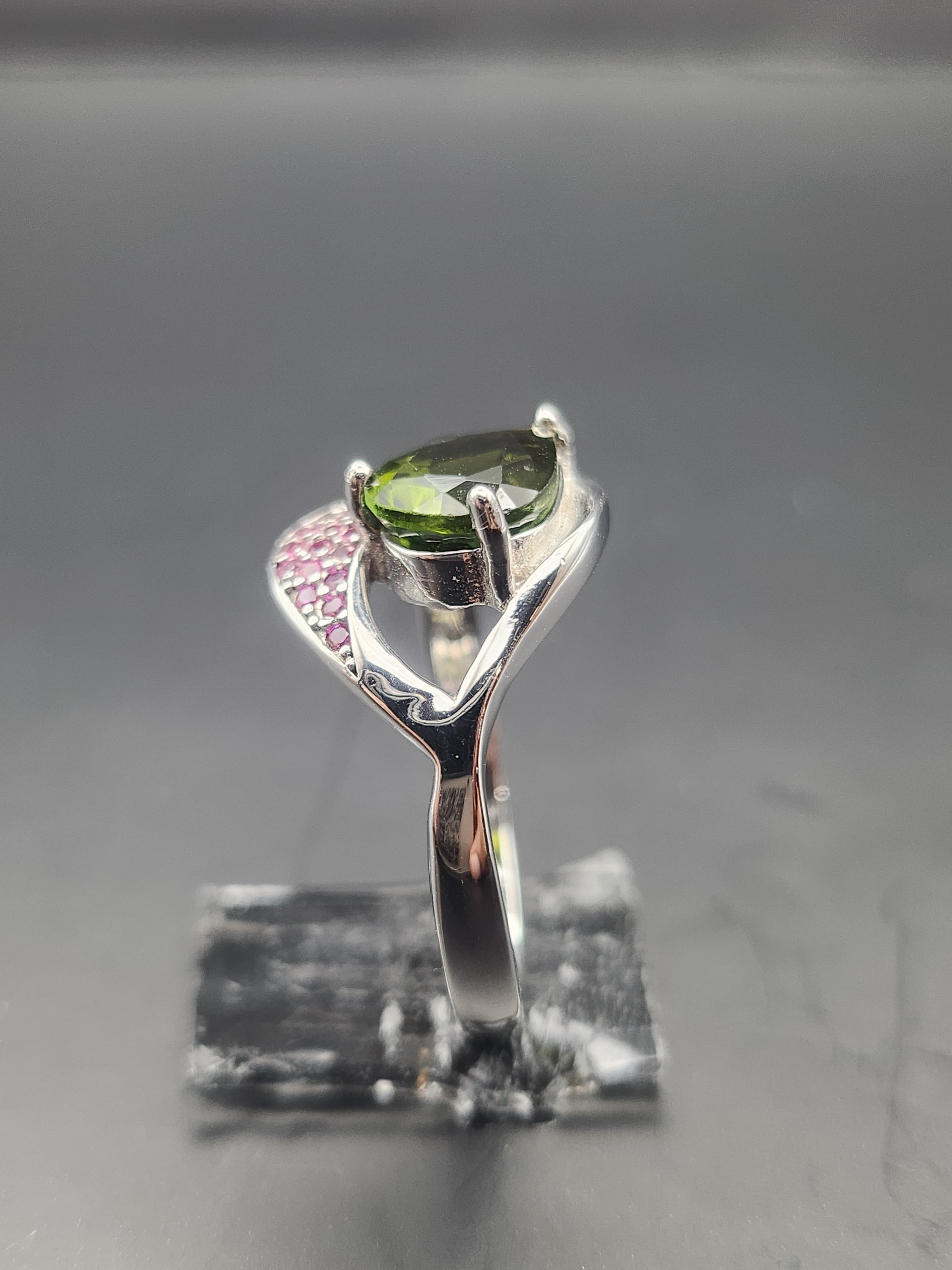Natural Green Tourmaline Ring - Pear Cut Olive Green with Pink CZ Accents in Sterling Silver