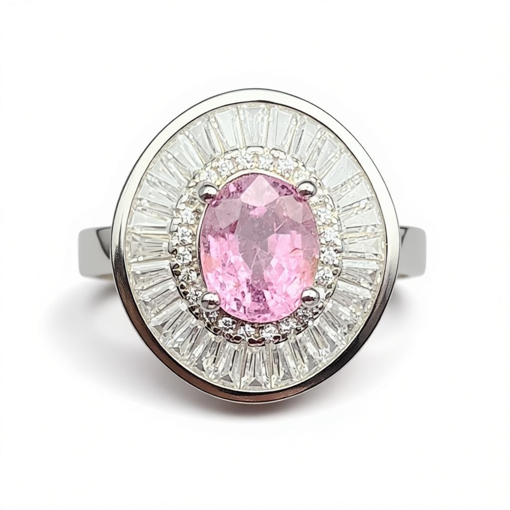 Natural Pink Tourmaline Ring - Oval Cut Soft Pink with CZ Baguette Halo in Sterling Silver