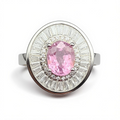 Natural Pink Tourmaline Ring - Oval Cut Soft Pink with CZ Baguette Halo in Sterling Silver