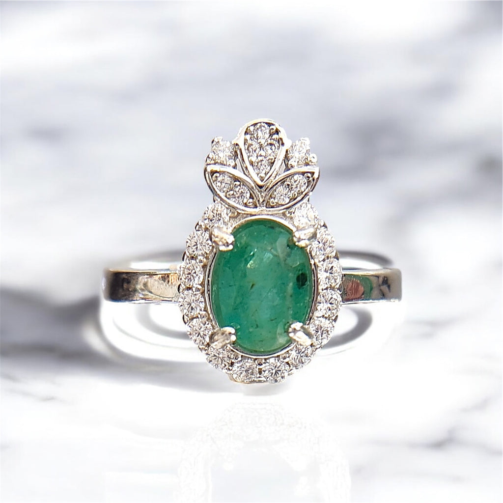 Natural Emerald Ring - Oval Cut Rich Green with CZ Halo and Floral Accents in Sterling Silver