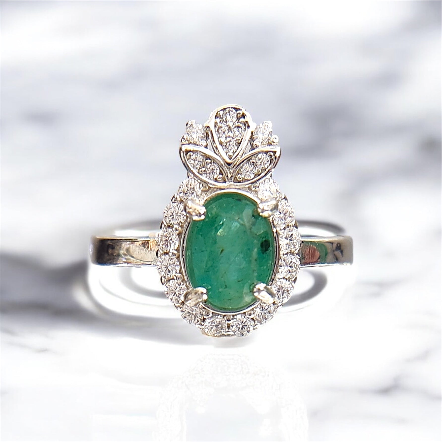 Natural Emerald Ring - Oval Cut Rich Green with CZ Halo and Floral Accents in Sterling Silver