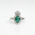 Natural Emerald Ring - Oval Cut Rich Green with CZ Halo and Floral Accents in Sterling Silver
