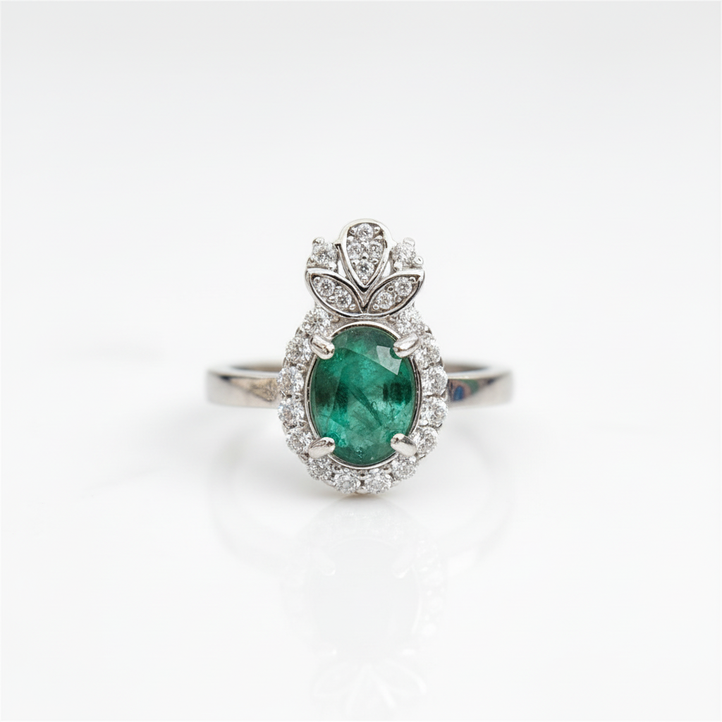 Natural Emerald Ring - Oval Cut Rich Green with CZ Halo and Floral Accents in Sterling Silver