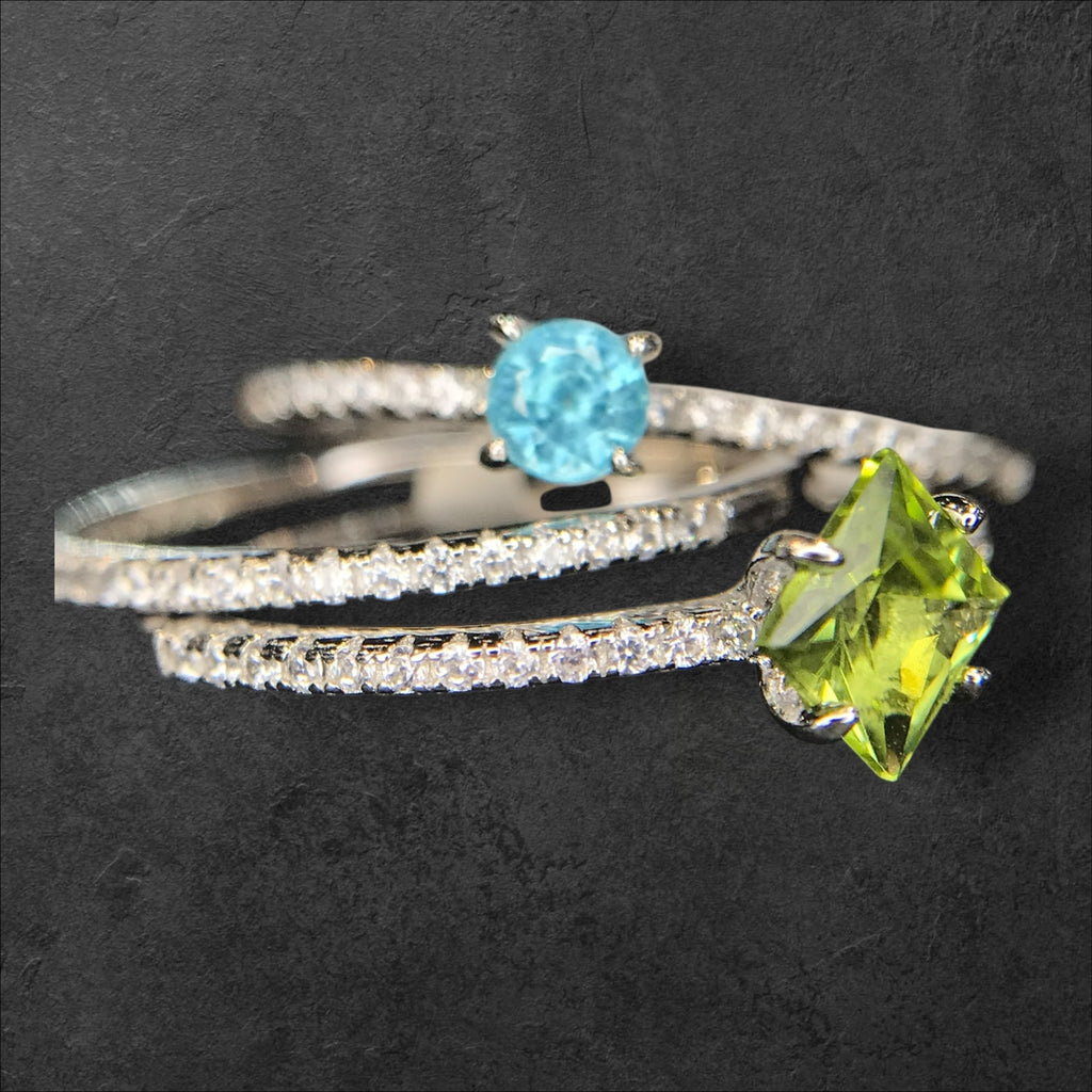 Stackable Brilliance: Peridot & Blue Zircon 3-Ring Set in 925 Silver with CZ Bands