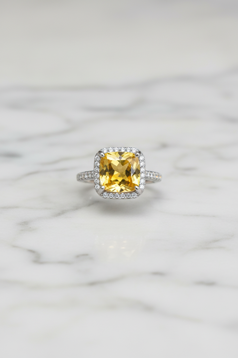 Natural Citrine Ring - Square Cushion Cut Golden Yellow with CZ Halo in Sterling Silver