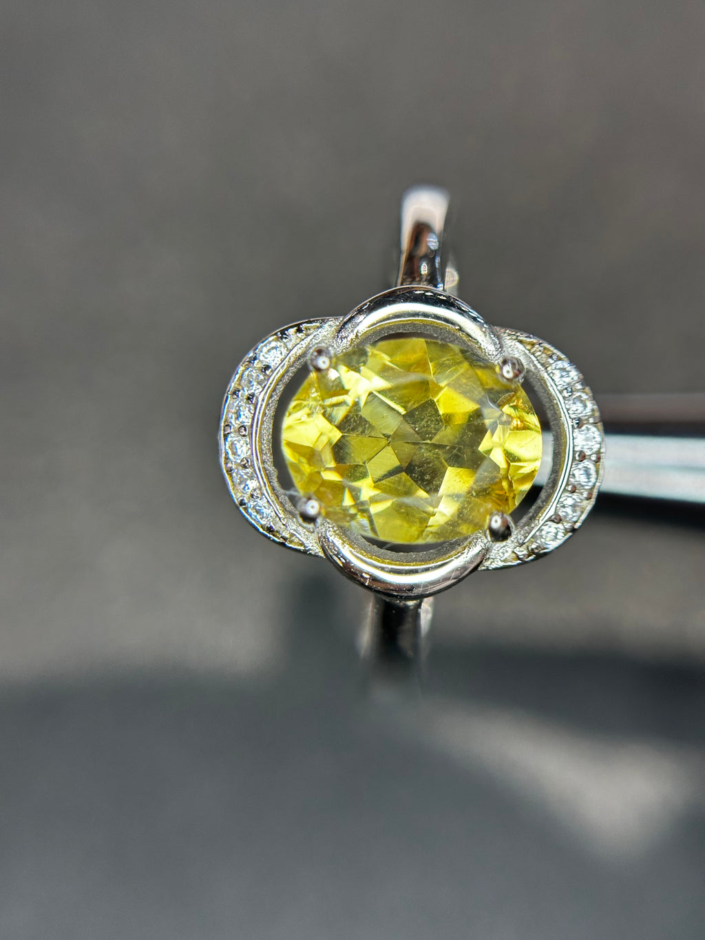 Natural Citrine Ring - Oval Golden Yellow with CZ Halo in Sterling Silver