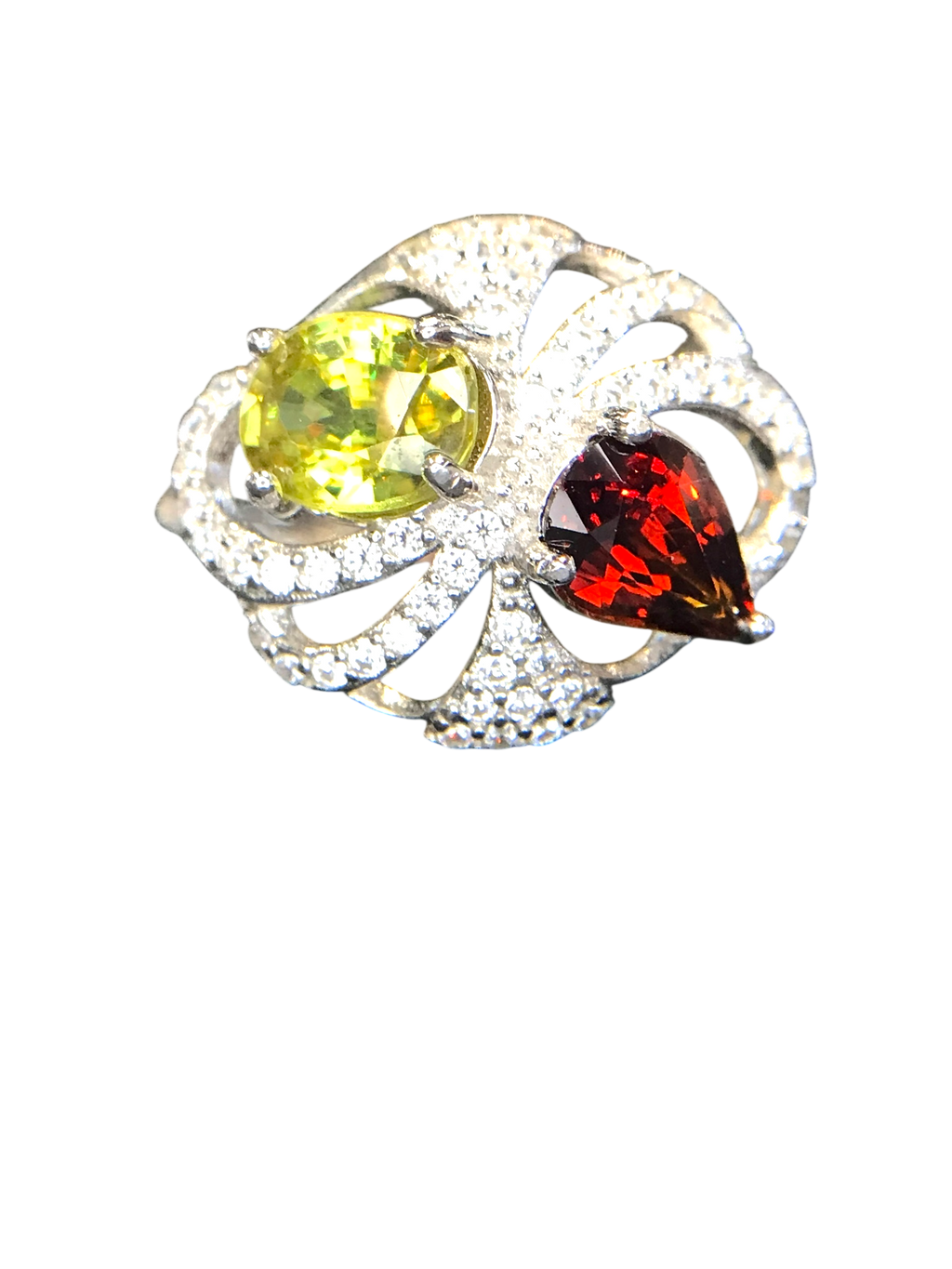 Fiery Duo: Sphene & Spessartite Garnet Cocktail Ring in 925 Silver with CZ Pavé