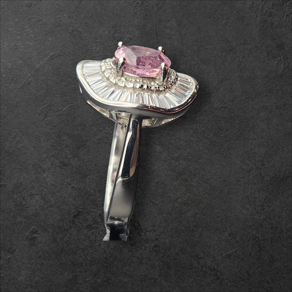 Natural Pink Tourmaline Ring - Oval Cut Soft Pink with CZ Baguette Halo in Sterling Silver