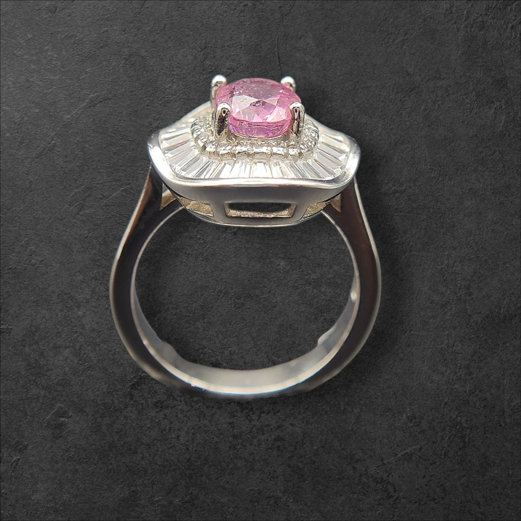 Natural Pink Tourmaline Ring - Oval Cut Soft Pink with CZ Baguette Halo in Sterling Silver