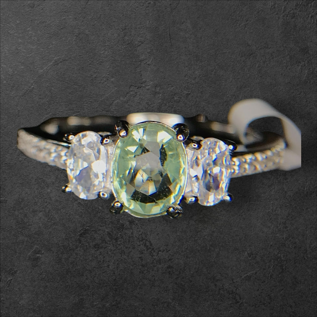 Pastel Elegance: Natural Green Tourmaline & CZ Three-Stone Ring in 925 Sterling Silver