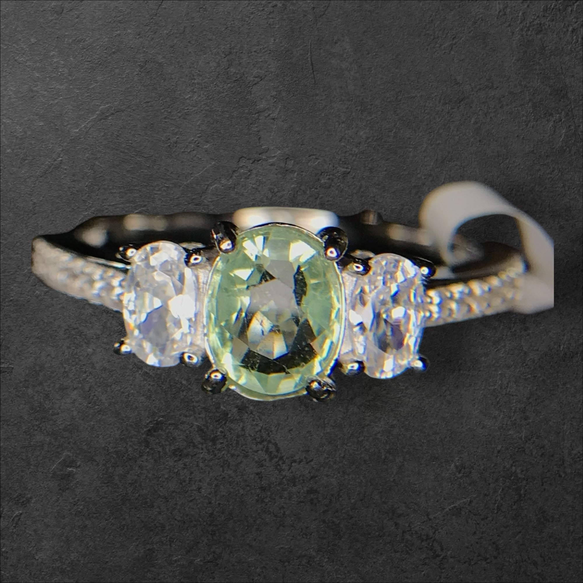 Pastel Elegance: Natural Green Tourmaline & CZ Three-Stone Ring in 925 Sterling Silver