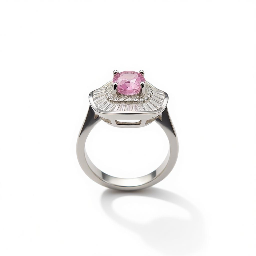 Natural Pink Tourmaline Ring - Oval Cut Soft Pink with CZ Baguette Halo in Sterling Silver