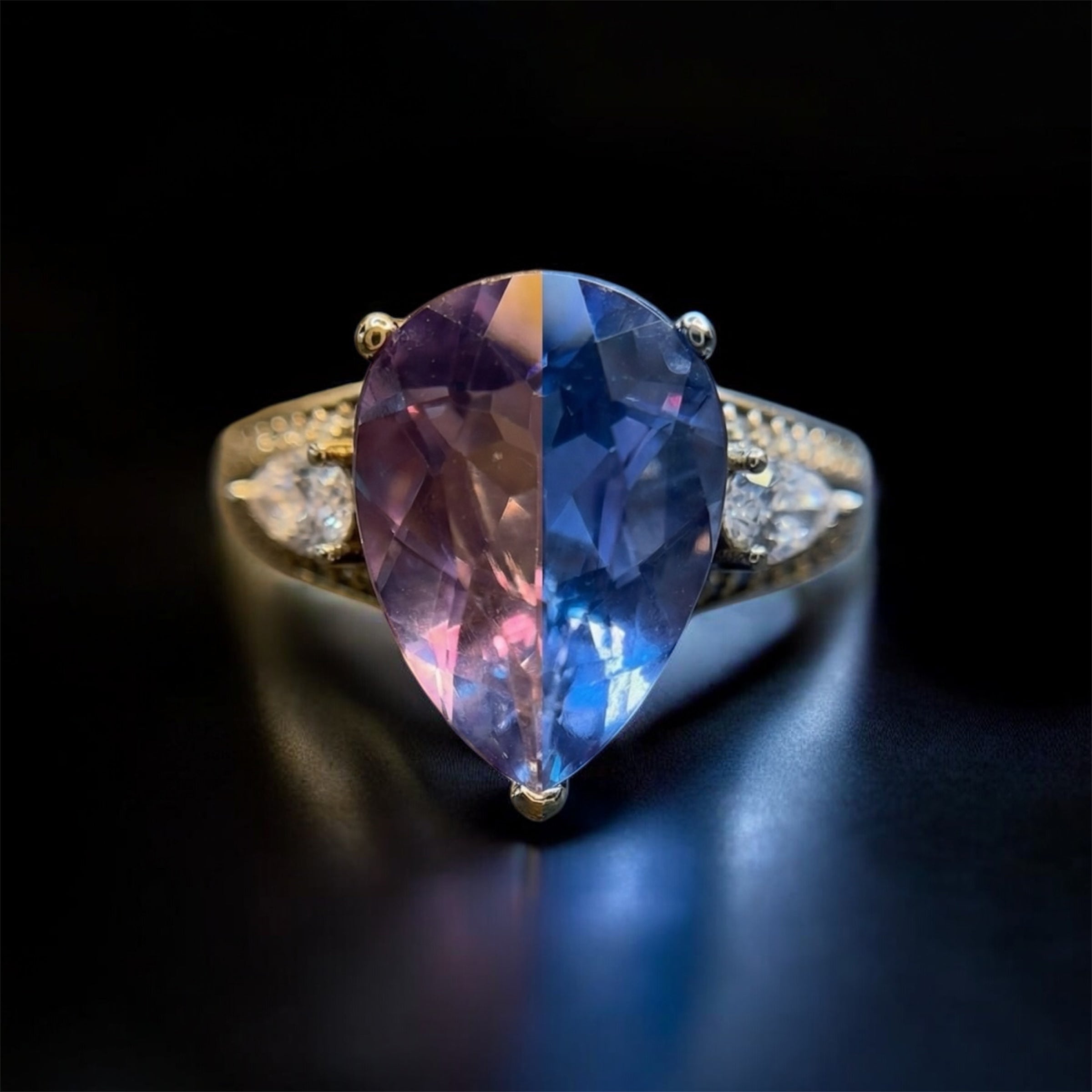 Mystic Color Shift: Natural Color Change Fluorite Ring in 925 Silver with CZ Accents