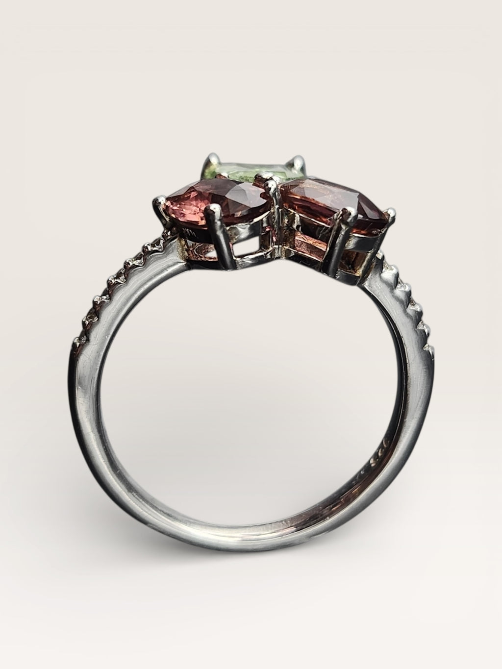 Natural Multi-Color Tourmaline Toi et Moi Ring - Pink and Green Pear/Oval Stones with CZ Accents in Sterling Silver