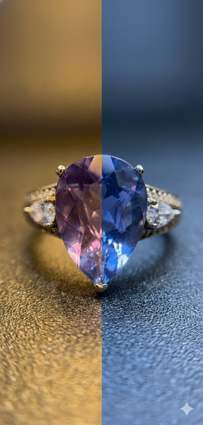 Mystic Color Shift: Natural Color Change Fluorite Ring in 925 Silver with CZ Accents