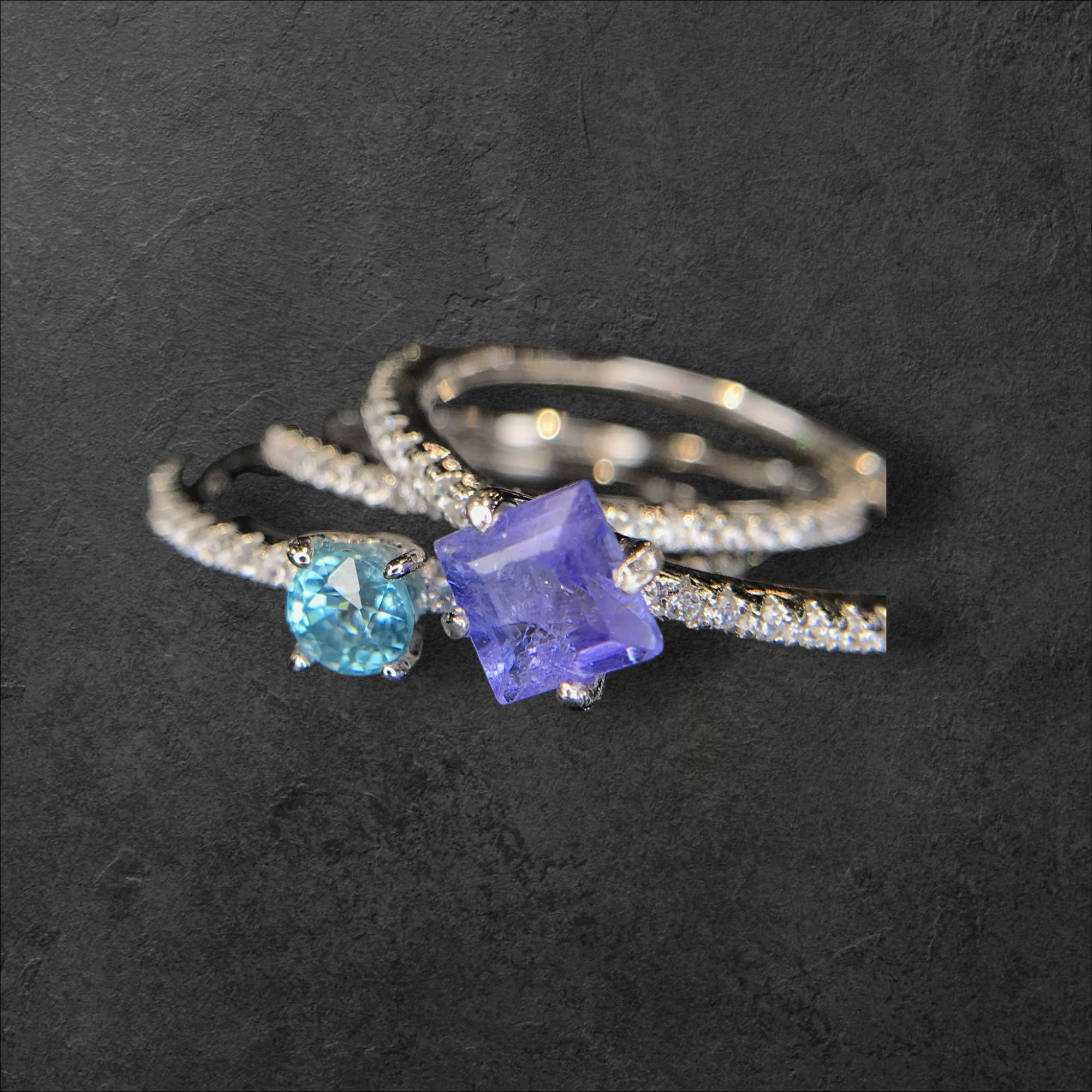 Luxury Stack: Tanzanite & Natural Blue Zircon 3-Ring Set in 925 Silver with CZ Accent Bands