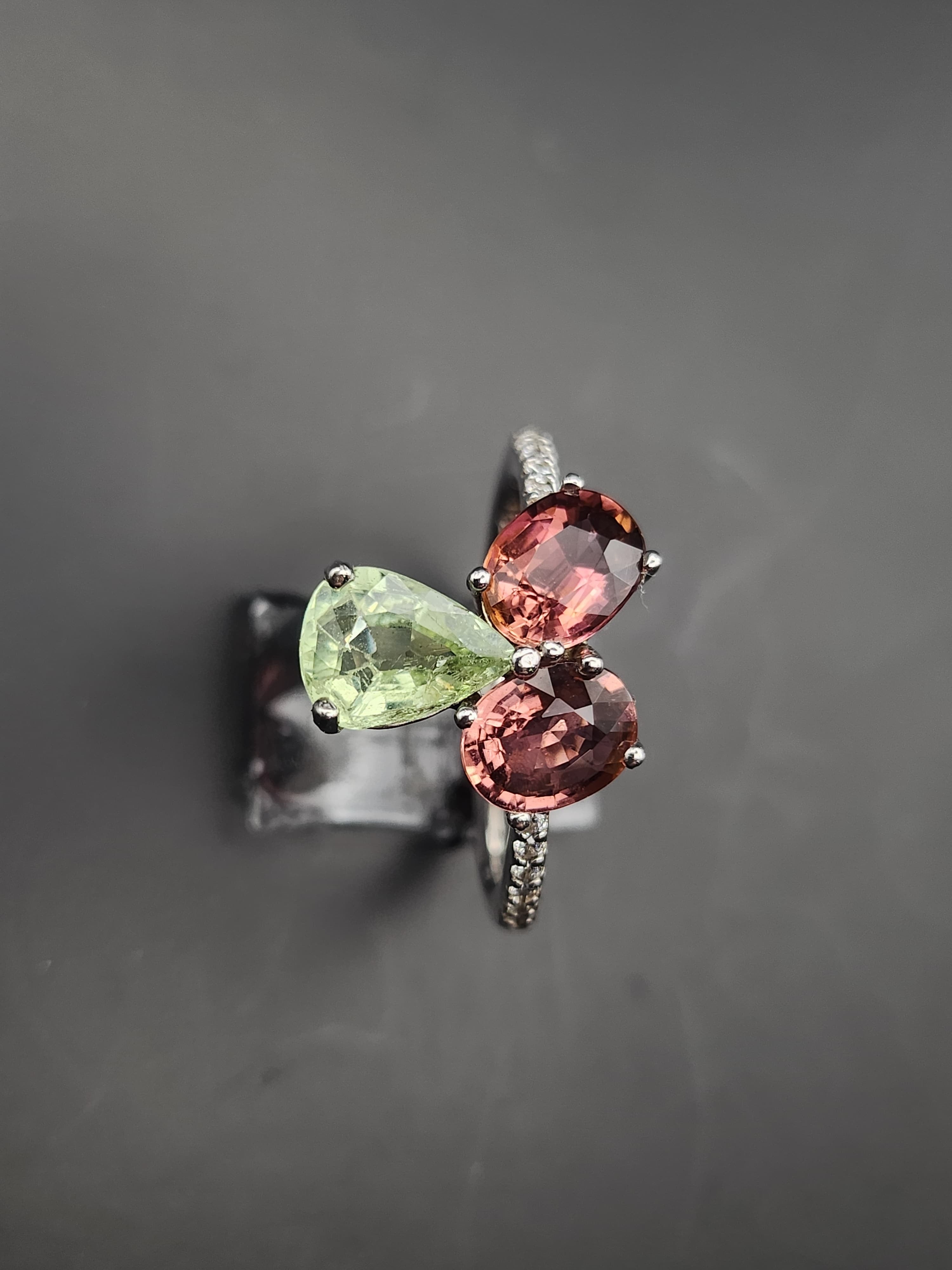 Natural Multi-Color Tourmaline Toi et Moi Ring - Pink and Green Pear/Oval Stones with CZ Accents in Sterling Silver
