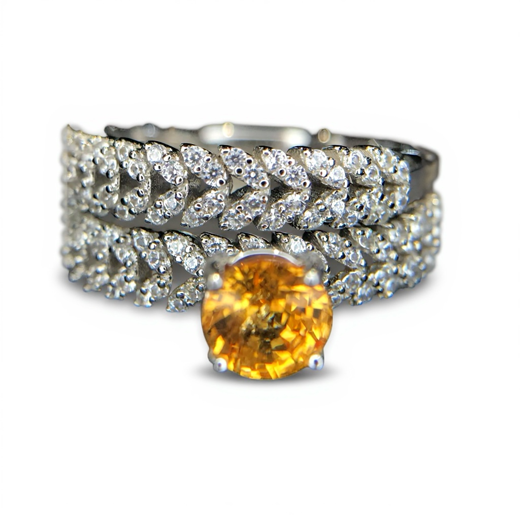 Golden Sunrise: Natural Orange Yellow Sapphire & CZ Pave Wrap 2-Ring Set in 925 Silver
