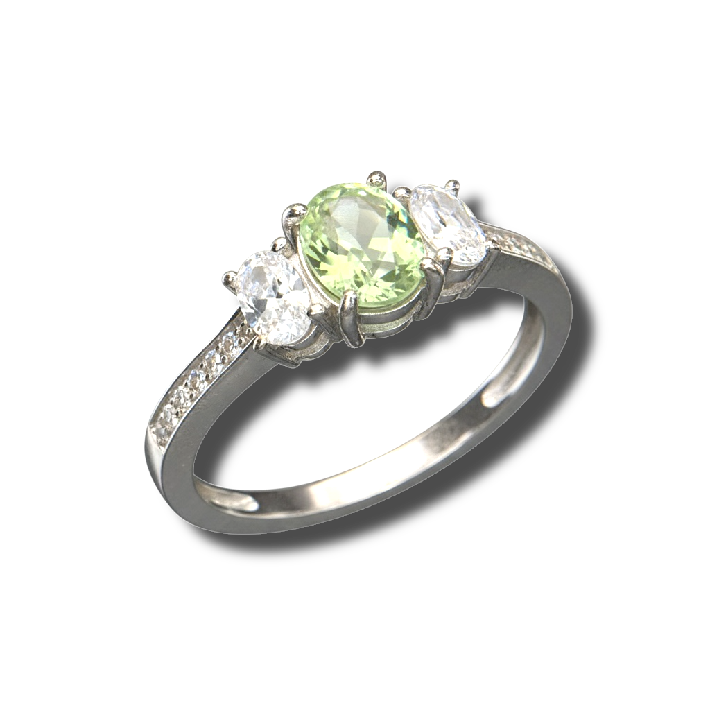 Pastel Elegance: Natural Green Tourmaline & CZ Three-Stone Ring in 925 Sterling Silver